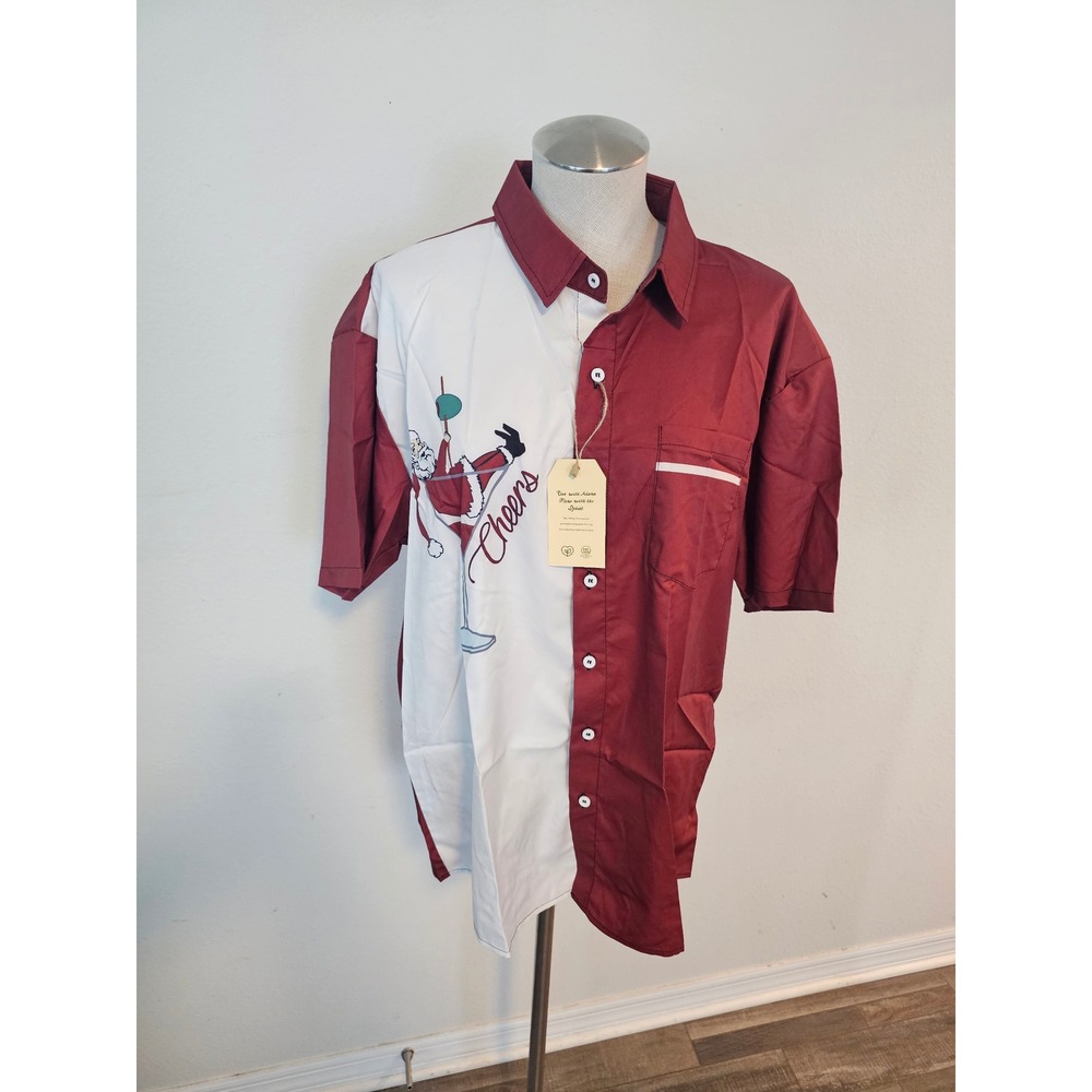 Hardaddy Mens Christmas Santa Martini Cheers Button Down Shirt Burgundy White M